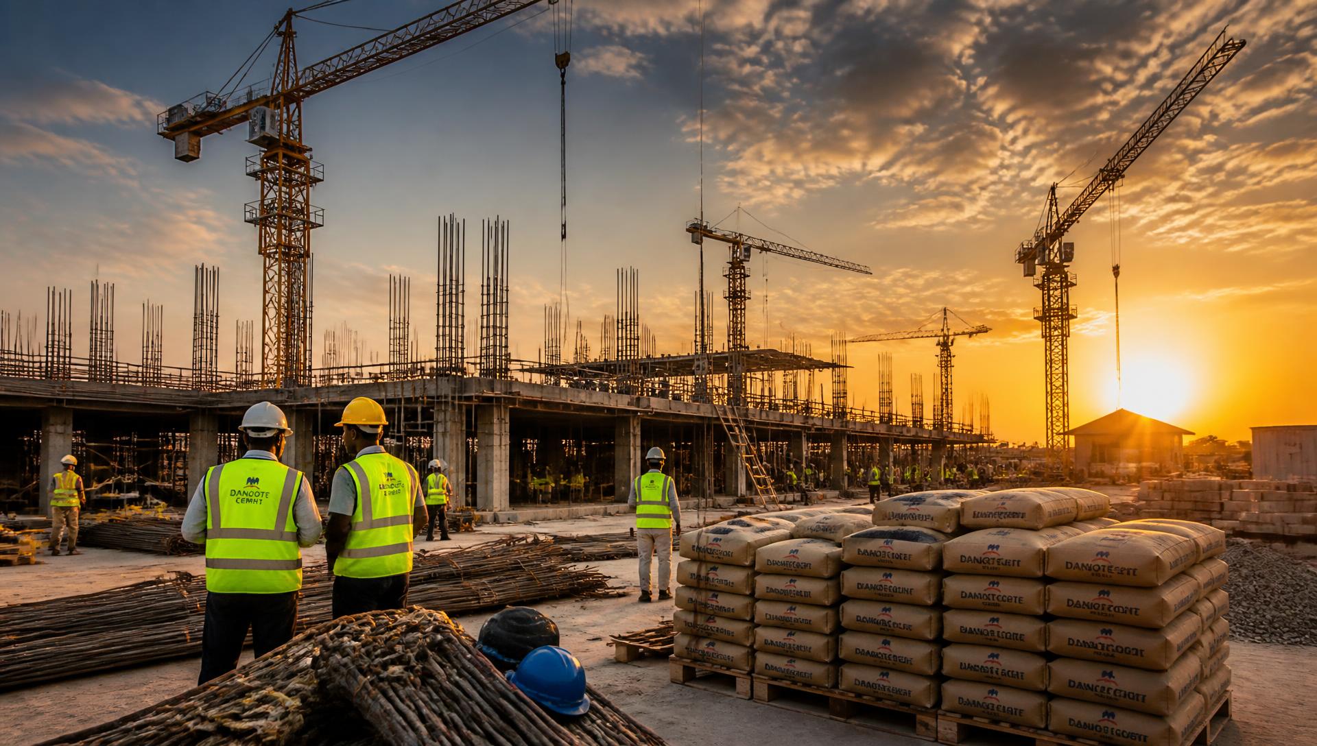 Construction site with cement, steel and cranes at sunset
